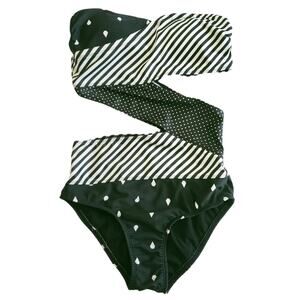 THE OPEN stripe polka dot cutout bandeau monokini one piece swimsuit black white